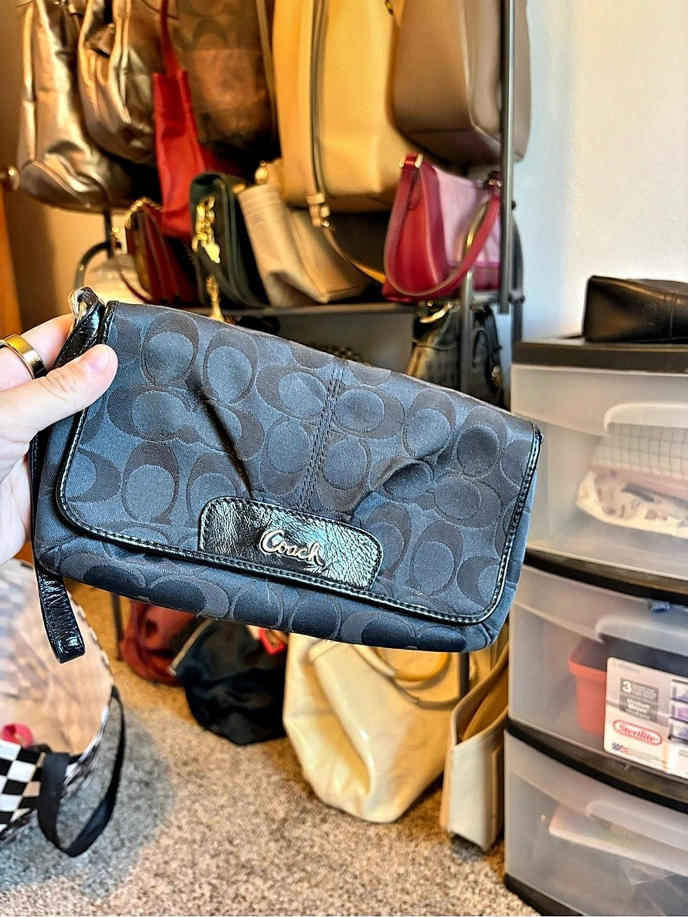 Coach Signature Sateen Large Flap Wristlet Black & Gray